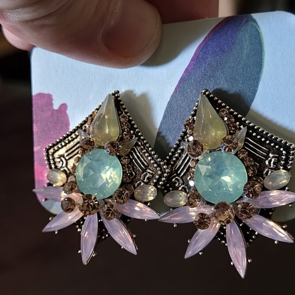 Statement Crystal Earrings with Pastel Accents - Picture 1 of 4